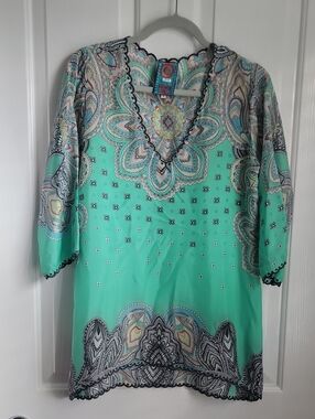 Johnny Was Mint Green Paisley V-Neck Shirt Top Tunic 100% Silk Small S